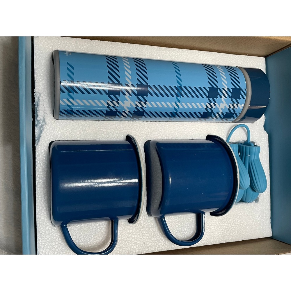 FabFitFun Blue Plaid Thermos and Enamel Mug Set with Mitten Tea Infuser 4pc NEW